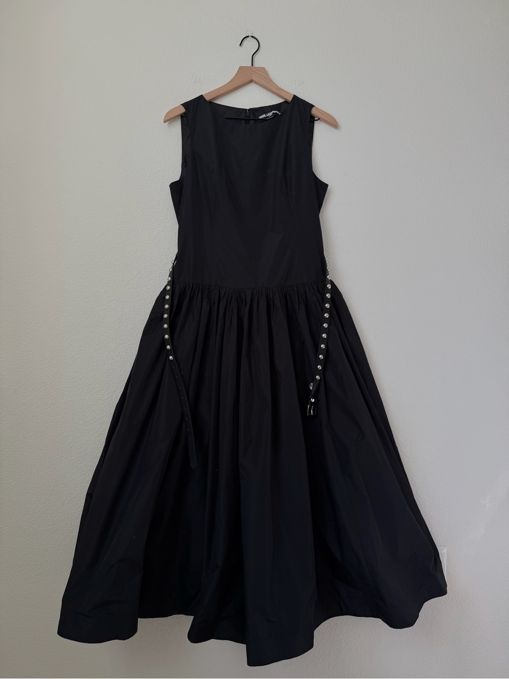 Karl Lagerfeld Taffeta Drop Waist Ball Gown Sleeveless Black Midi Dress Size 10 - Picture 14 of 15